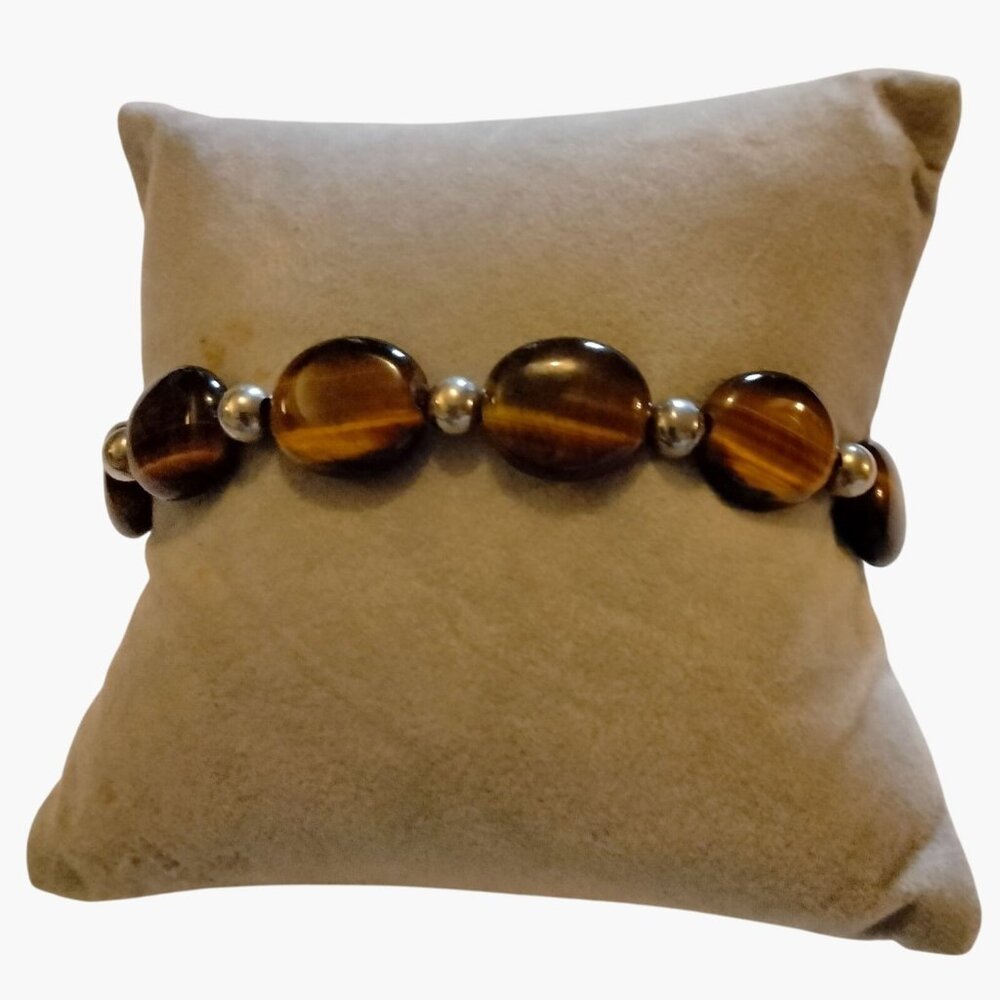 Tigers Eye Beaded Bracelet Silver Heart Toggle Clasp